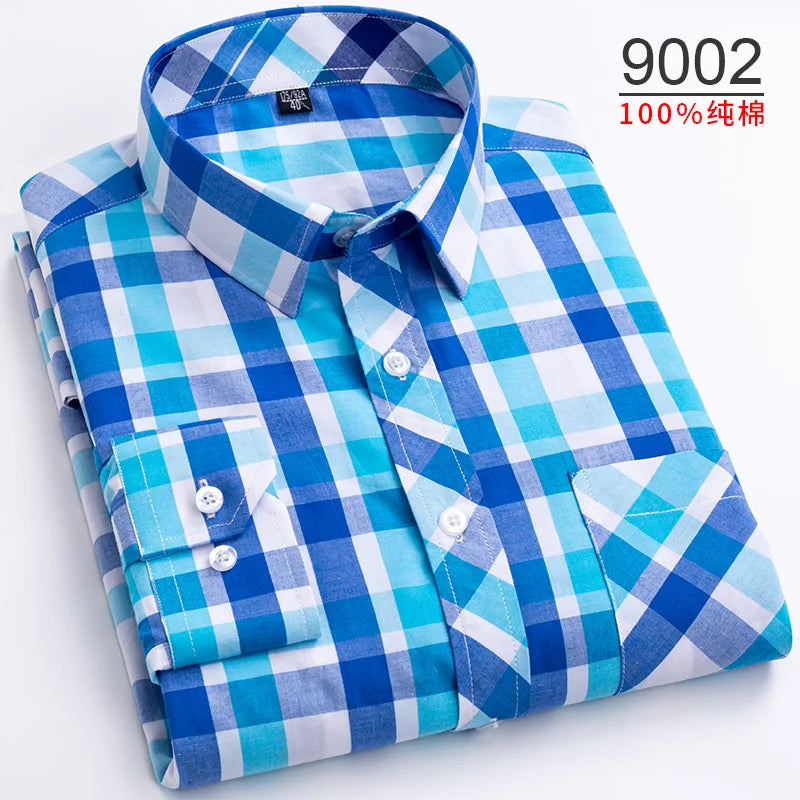 Plus Size S-8XL Men's Plaid Shirt Long Sleeve 100% Cotton Casual Slim Buttons Business Social Dress Shirts Blouse Men Clothing