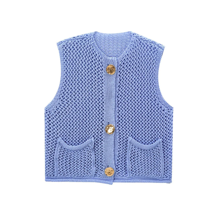 TRAF Women Fashion Sleeveless Coarse Needle Knitting Vest Sweater Female Chic Big Pockets Patch Buttons Cardigan Waistcoat Tops