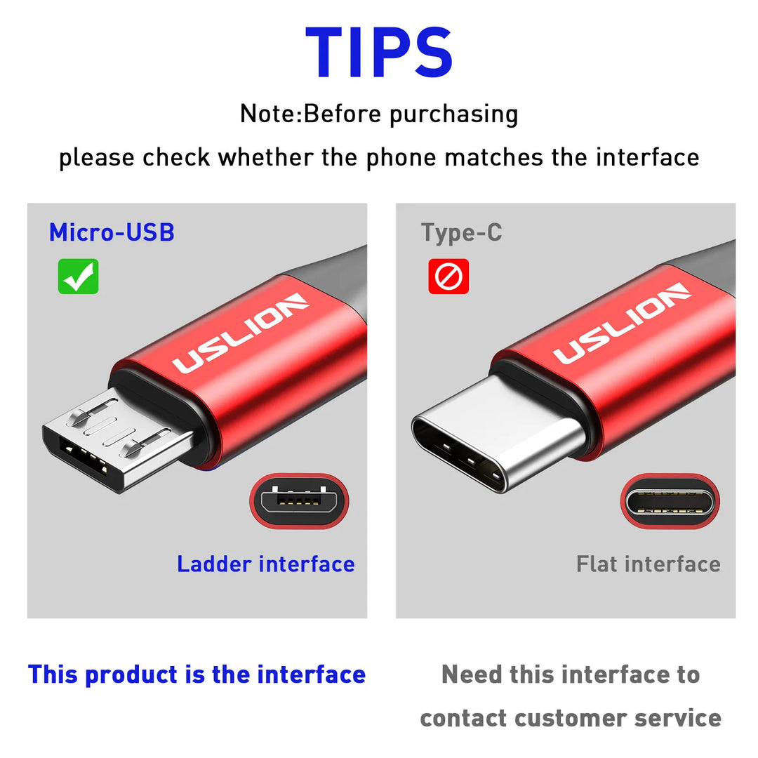 USLION 3A Micro USB Cable Fast Charge USB Data Cable Cord for Samsung S6 Xiaomi Redmi Android Micro usb Cable Mobile Phone Red