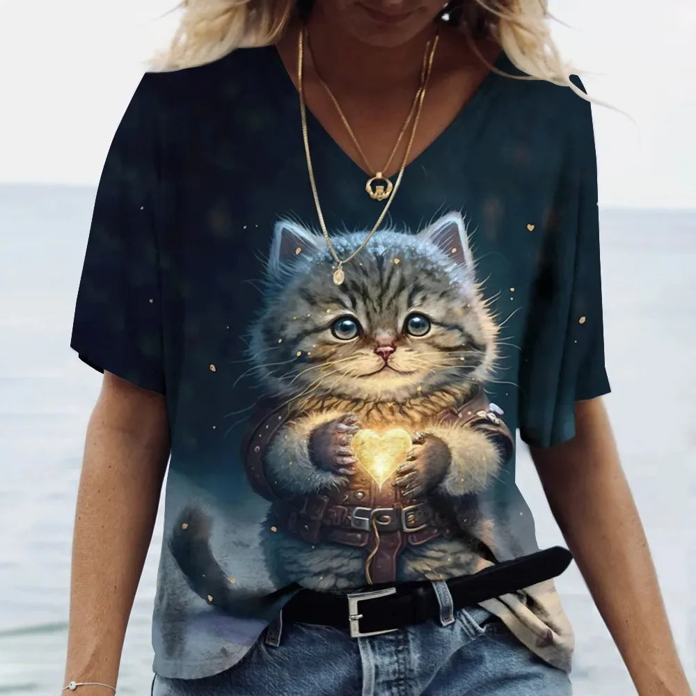 Fashion Women's T-shirt Cat Printed Short Sleeve Female Harajuku Tees Ladies T Shirt Oversized V-neck Tops Animal Women Clothing