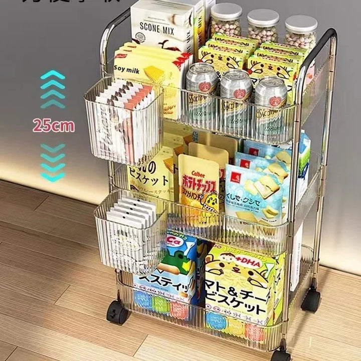 Transparent Storage Rack Trolley Transparent Acrylic Rolling Cart with Hanging Basket Bathroom Acrylic Makeup Bookshelf