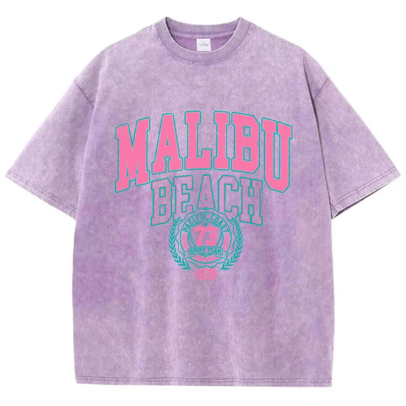 Malibu Beach Washed T-Shirt Women Letter Printing Cotton T Shirt Comfortable Crewneck Tops Casual Oversized Tees Female Clothes