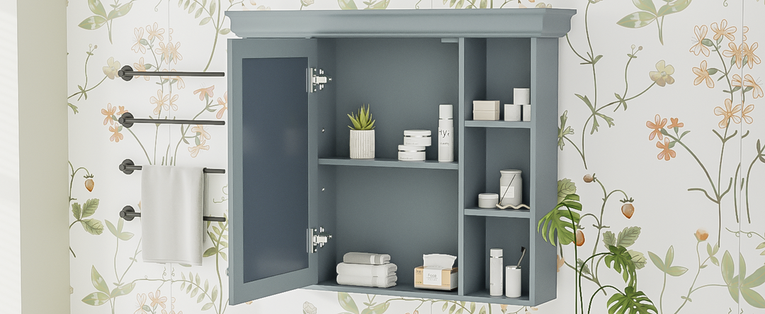 35 ''x 28' 'blue wall mounted bathroom storage cabinet with mirror door and medication cabinet with 6 open shelves