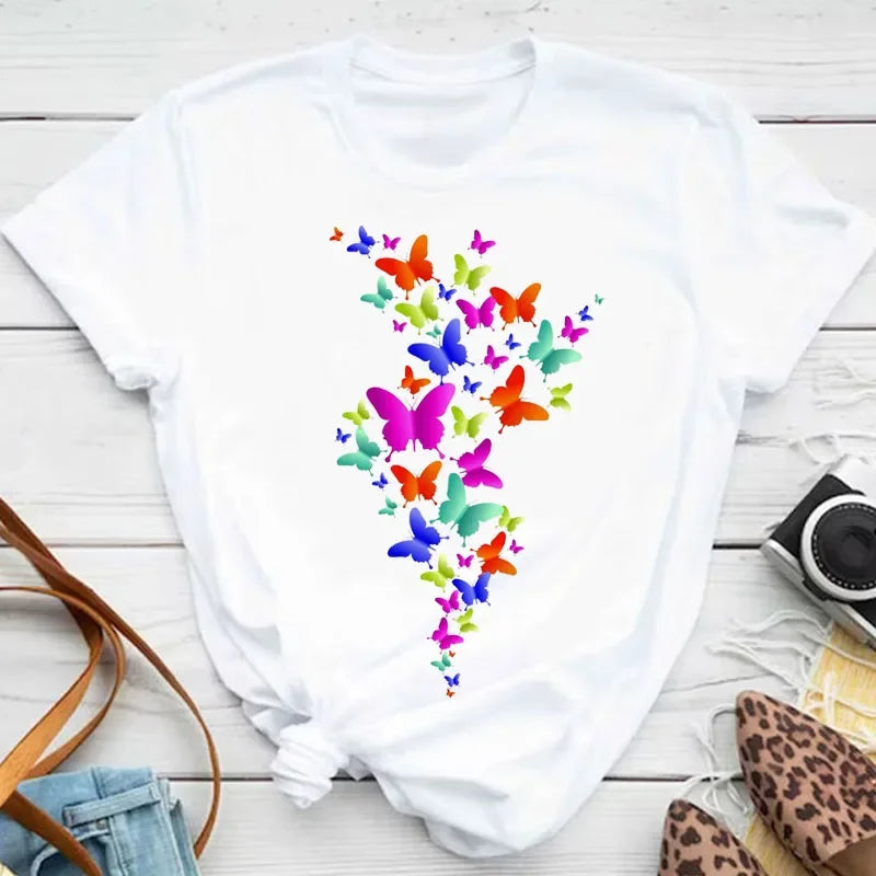 Women's Colorful Butterfly Petal Print T-Shirt, Short Sleeve, Round Neck, Cute Graphic Tee Shirts, Female Tops Clothes