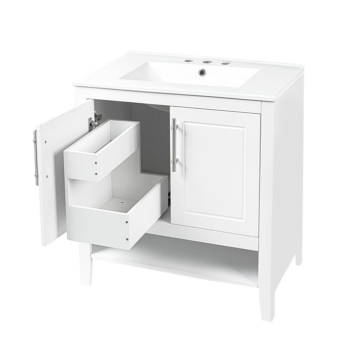 30" Bathroom Vanity with Sink  Multi-functional Bathroom Cabinet with Doors and Drawers Solid Frame and MDF Board, White