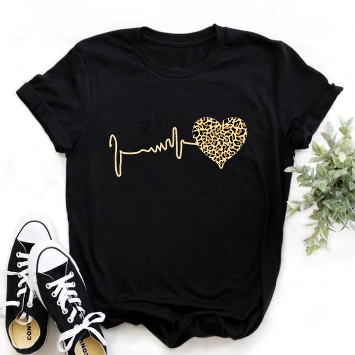 Summer New 90 's Leopard Heartbeat Short Sleeve Print Clothing Women's T-Shirt Harajuku Graphic Clothing Women's Top