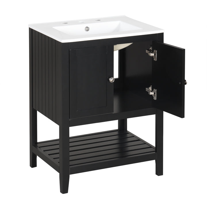 24 inch Modern Black Bathroom Cabinet With Ceramic Sink & Solid Wood Frame