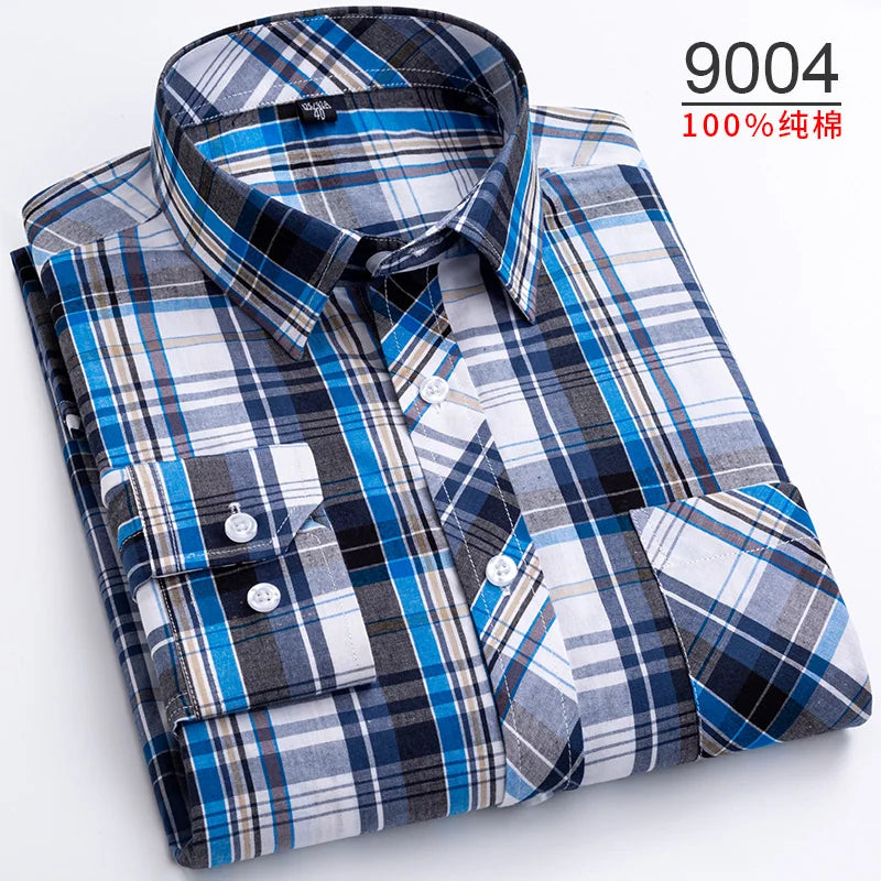 Plus Size S-8XL Men's Plaid Shirt Long Sleeve 100% Cotton Casual Slim Buttons Business Social Dress Shirts Blouse Men Clothing