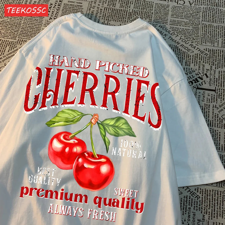 Fashion Cotton Women'S T-Shirts Hand Picked Cherries Printing Tops Oversize Crewneck Soft Short Sleeve Street Female Clothes