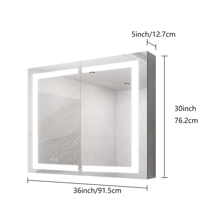 36 x 30 inch Medicine Cabinet with LED Vanity Mirror Anti-Fog  Recessed or Surface Mount Waterproof DimmableAluminum 3000K~6000K Lighted Double Door Bathroom Cabinet with Touch Switch