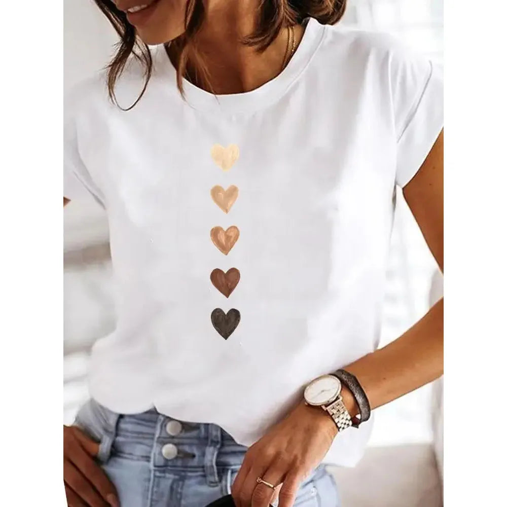 Love Heart Print Women Summer T Shirt Girl O Neck Funny Y2K Tops Tee Female 90s Casual Clothing