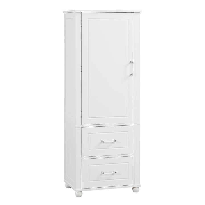 Tall bathroom storage cabinet with two drawers and adjustable shelves for independent storage