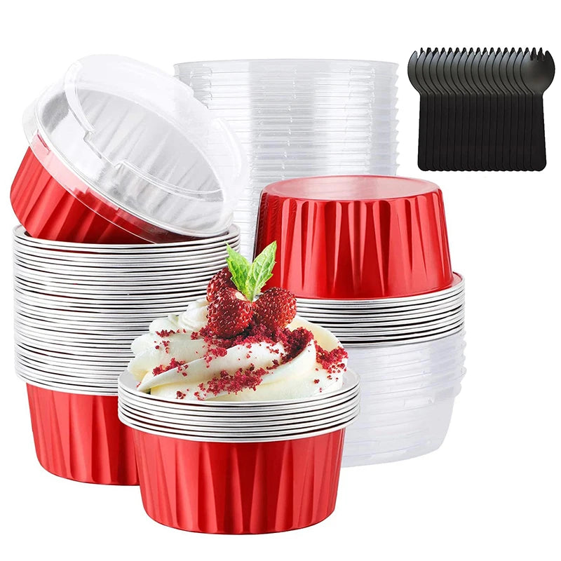 50Pcs Disposable Mini Baking Cups Aluminium Foil Cake Pans With Lids Spoons Heat Resistant Muffin Cake Cup For Gatherings Party