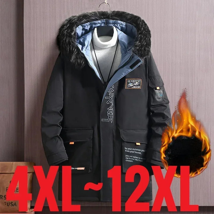 Big Size Clothing Men Winter Jacket Hooded Fleece Warm Long Padding Parkas Male Fur Collar Coat 150kg Extral Plus Outerwear 12XL