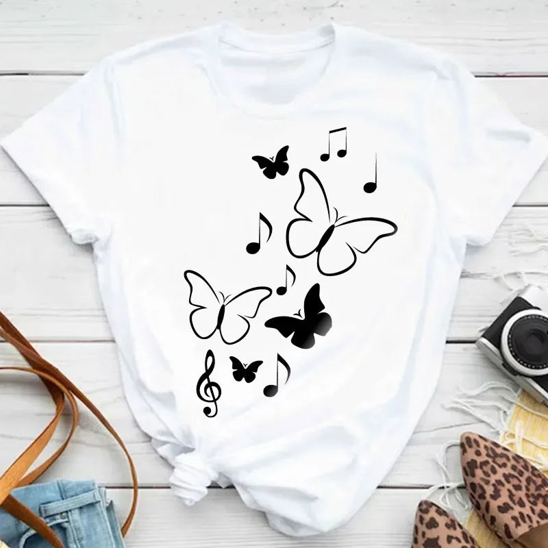 Women's Colorful Butterfly Petal Print T-Shirt, Short Sleeve, Round Neck, Cute Graphic Tee Shirts, Female Tops Clothes