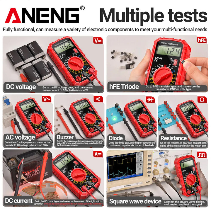 ANENG SZ308 Tester 1999 Counts Multitester HFE Triode Square Wave Multimeter Voltmeter Meter 10A  Current Multimeters Test Tools