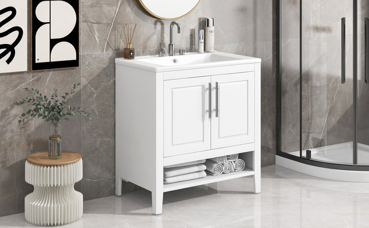 30" Bathroom Vanity with Sink  Multi-functional Bathroom Cabinet with Doors and Drawers Solid Frame and MDF Board, White