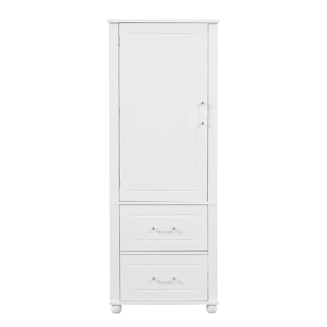 Tall bathroom storage cabinet with two drawers and adjustable shelves for independent storage