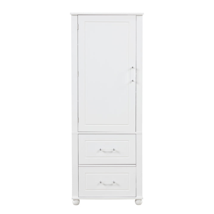 Tall bathroom storage cabinet with two drawers and adjustable shelves for independent storage