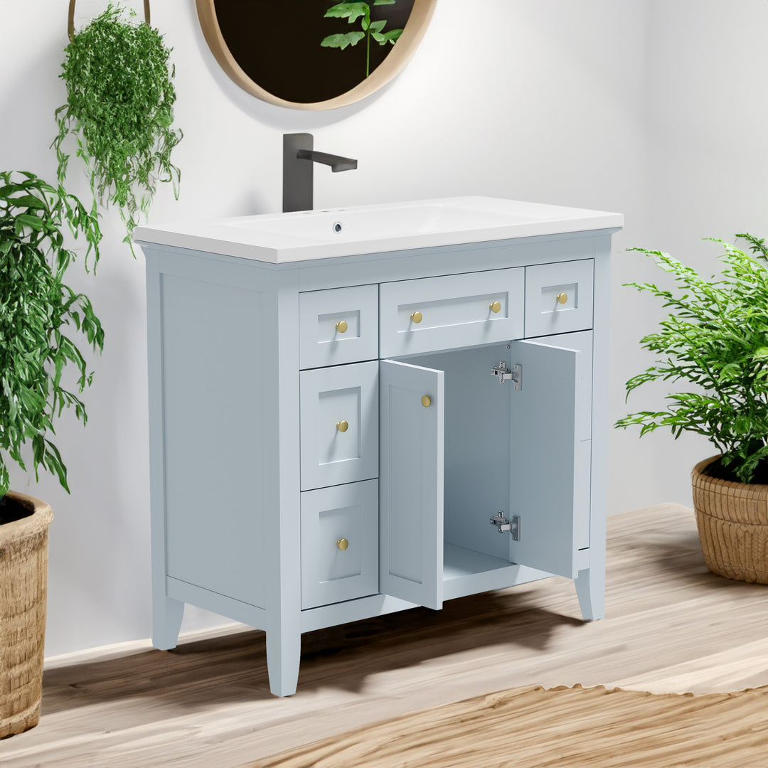 36 inch bathroom vanity with resin sink combination set with 6 drawers and 2 cabinets, storage cabinet vanity set, light blue