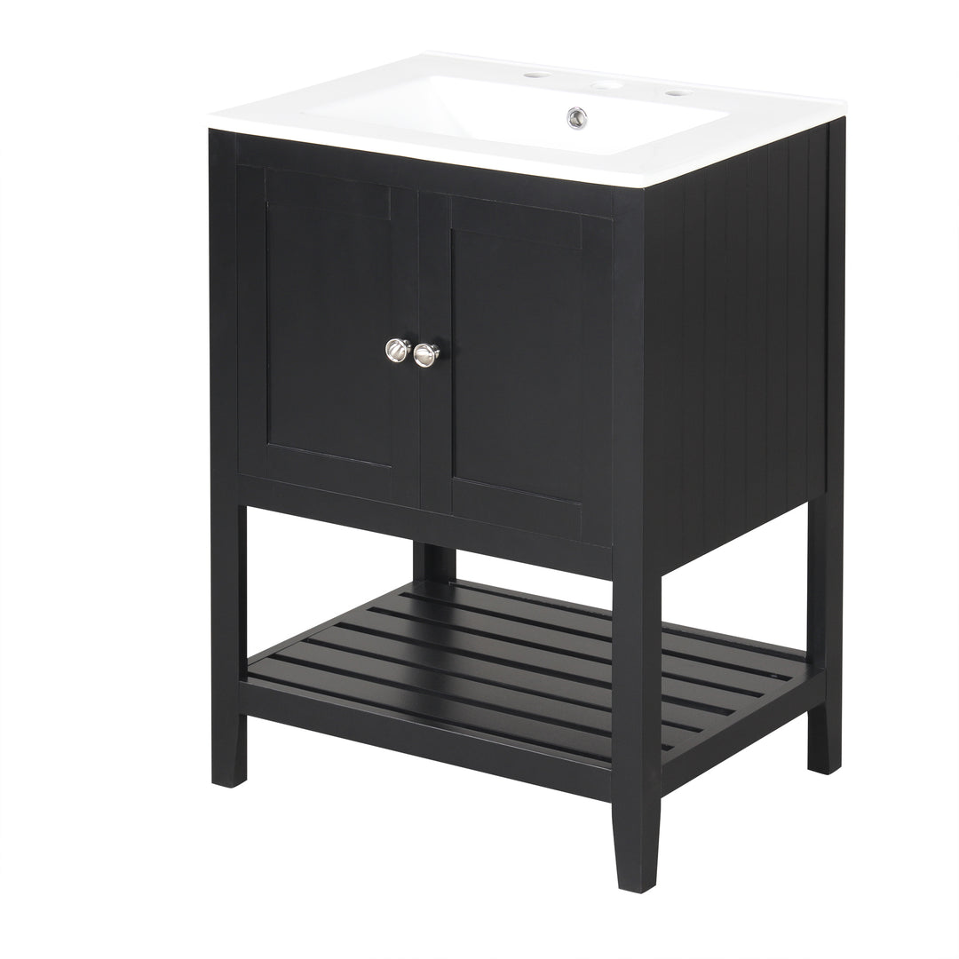 24 inch Modern Black Bathroom Cabinet With Ceramic Sink & Solid Wood Frame