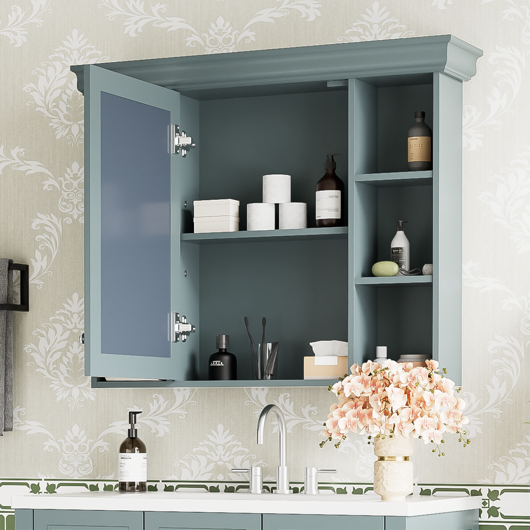 35 ''x 28' 'blue wall mounted bathroom storage cabinet with mirror door and medication cabinet with 6 open shelves