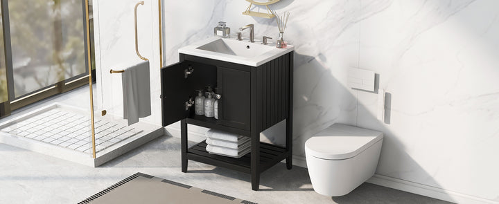 24 inch Modern Black Bathroom Cabinet With Ceramic Sink & Solid Wood Frame