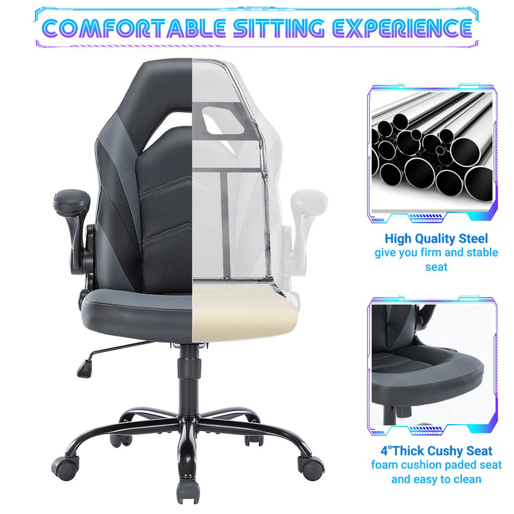 JHK Ergonomic Office Computer Gaming Desk Chair Adjustable Swivel Task PU Leather Racing Chair with Flip-up Armrest For Office