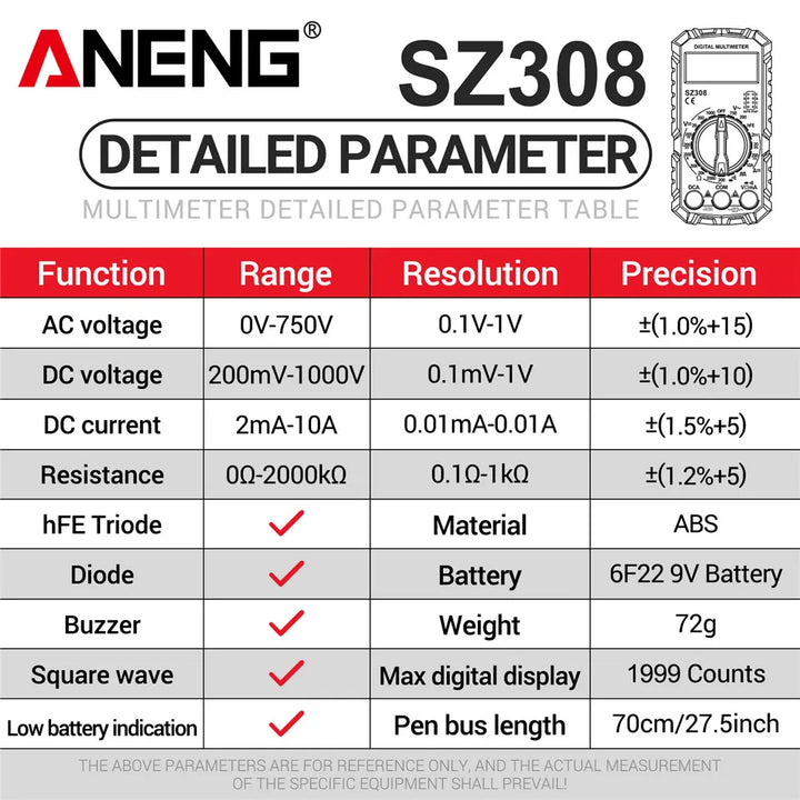 ANENG SZ308 Tester 1999 Counts Multitester HFE Triode Square Wave Multimeter Voltmeter Meter 10A  Current Multimeters Test Tools