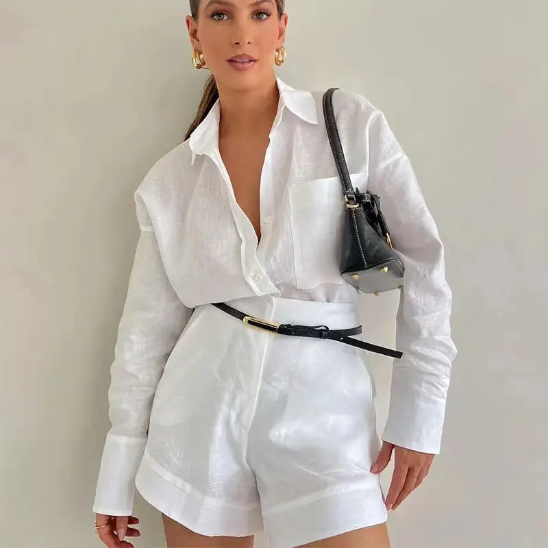 Women Summer Shorts Sets Long Sleeve Blouses with Short Pants 2 Pieces Set Lightweight Shirts Tracksuit Casual Loose Outfits