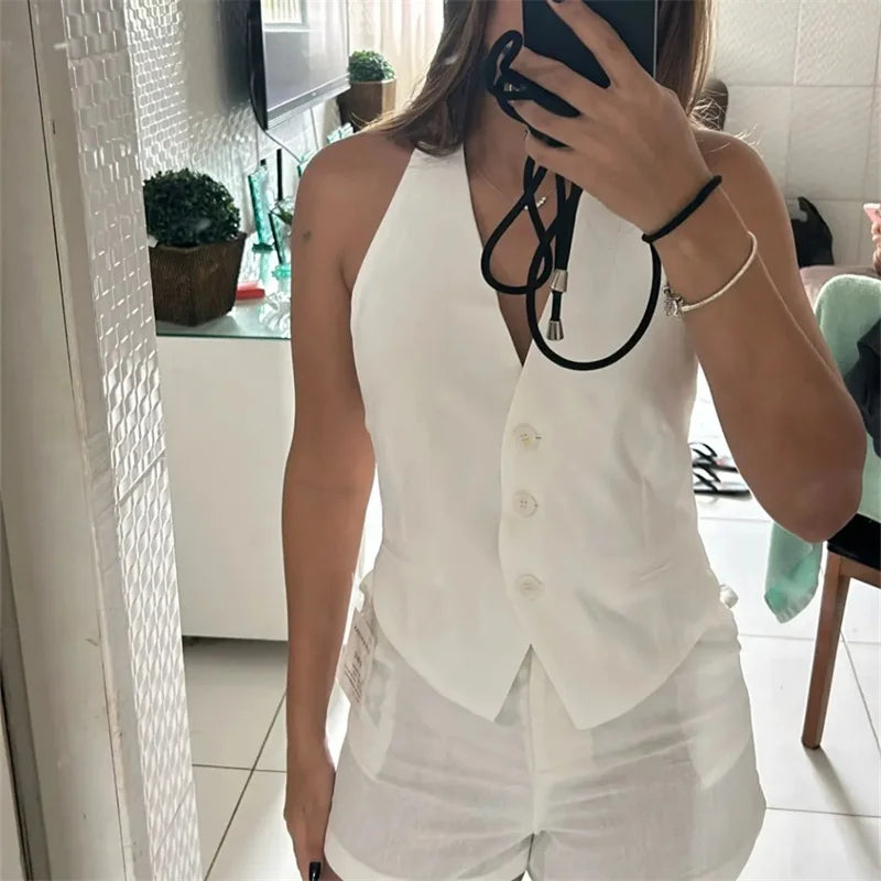 TRAF Off Shoulder Sleeveless Vest Women Black White Cropped Vest Woman Fashion Backless V Neck Short Coats Summer Waistcoat