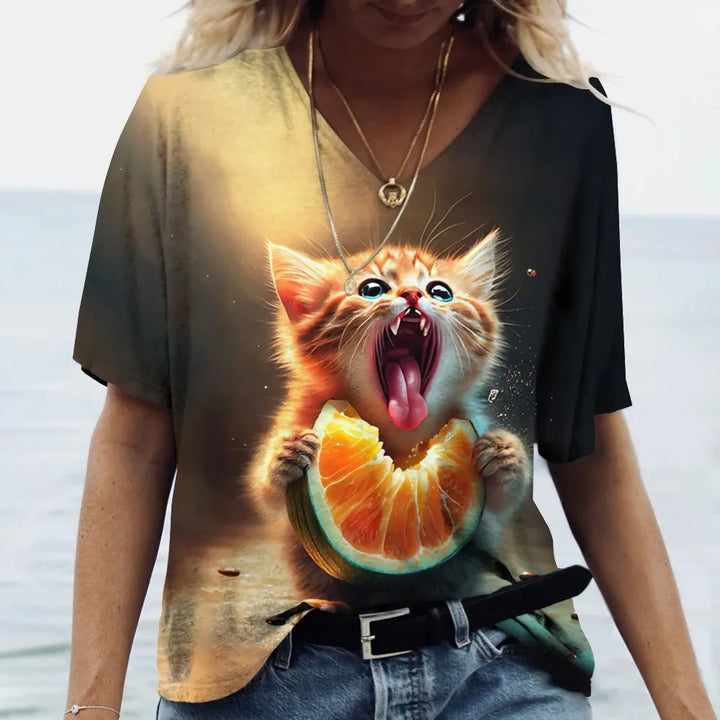 Fashion Women's T-shirt Cat Printed Short Sleeve Female Harajuku Tees Ladies T Shirt Oversized V-neck Tops Animal Women Clothing