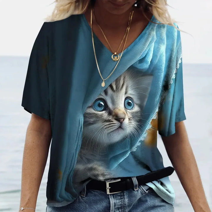 Fashion Women's T-shirt Cat Printed Short Sleeve Female Harajuku Tees Ladies T Shirt Oversized V-neck Tops Animal Women Clothing