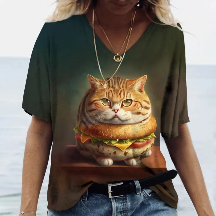 Fashion Women's T-shirt Cat Printed Short Sleeve Female Harajuku Tees Ladies T Shirt Oversized V-neck Tops Animal Women Clothing