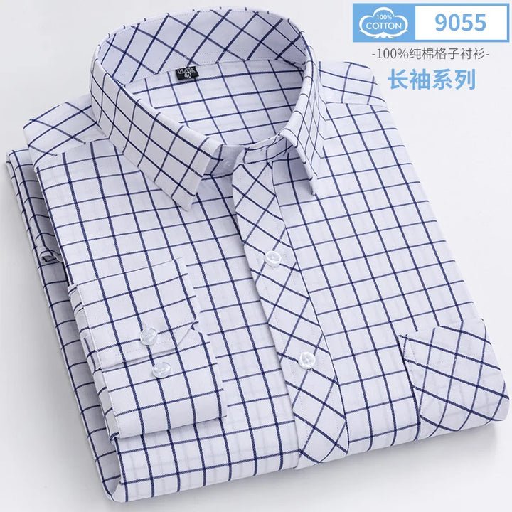 Plus Size S-8XL Men's Plaid Shirt Long Sleeve 100% Cotton Casual Slim Buttons Business Social Dress Shirts Blouse Men Clothing