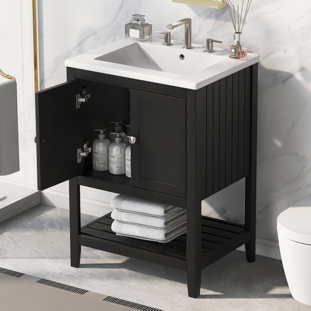 24 inch Modern Black Bathroom Cabinet With Ceramic Sink & Solid Wood Frame