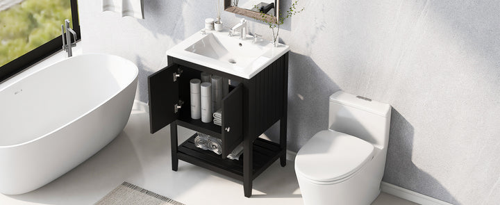 24 inch Modern Black Bathroom Cabinet With Ceramic Sink & Solid Wood Frame