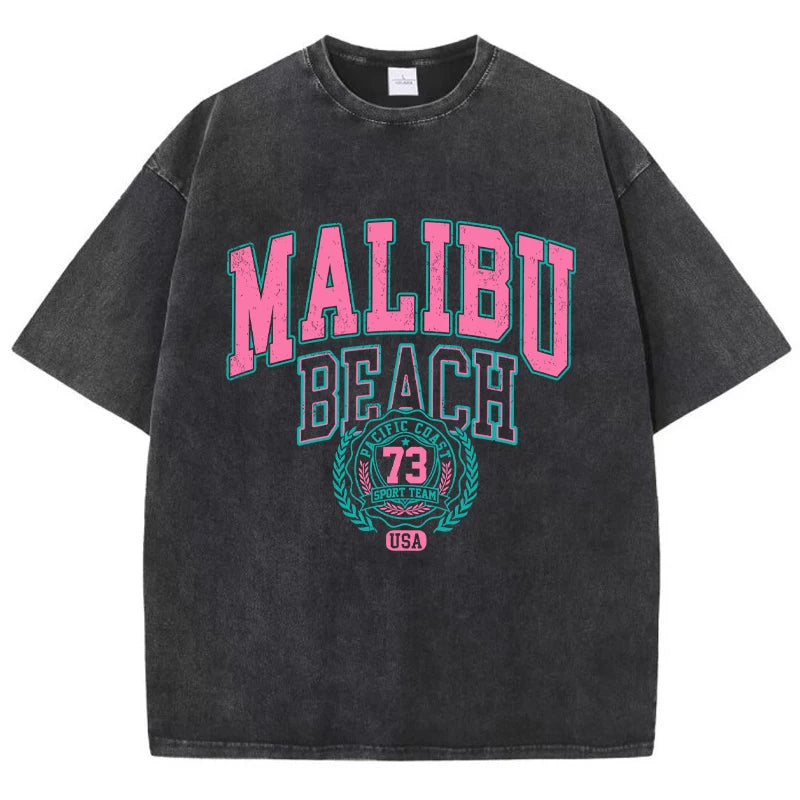 Malibu Beach Washed T-Shirt Women Letter Printing Cotton T Shirt Comfortable Crewneck Tops Casual Oversized Tees Female Clothes