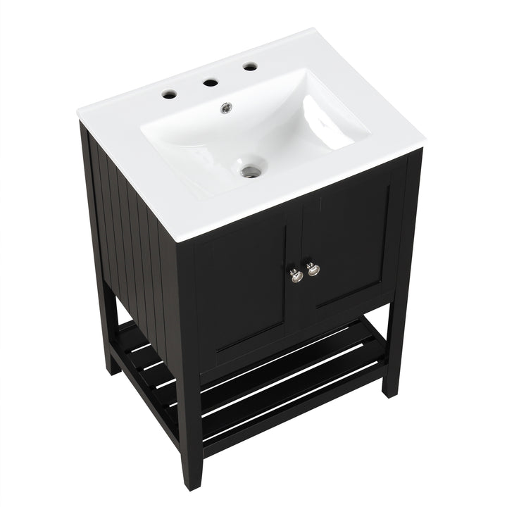 24 inch Modern Black Bathroom Cabinet With Ceramic Sink & Solid Wood Frame