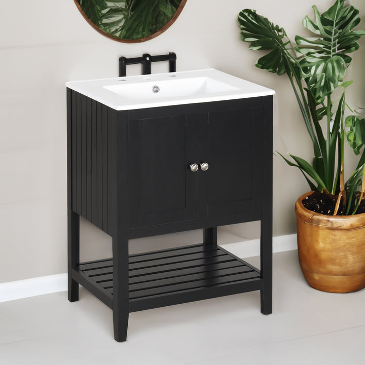 24 inch Modern Black Bathroom Cabinet With Ceramic Sink & Solid Wood Frame