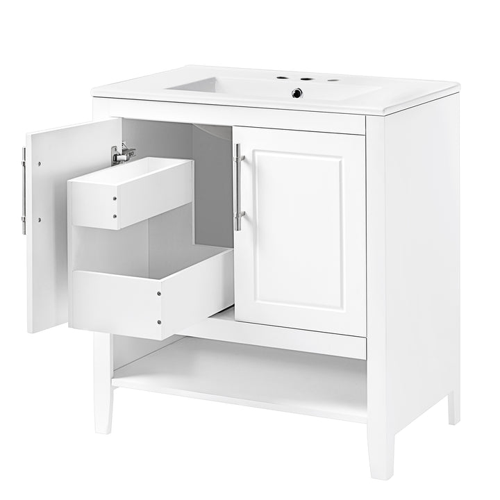 30" Bathroom Vanity with Sink  Multi-functional Bathroom Cabinet with Doors and Drawers Solid Frame and MDF Board, White