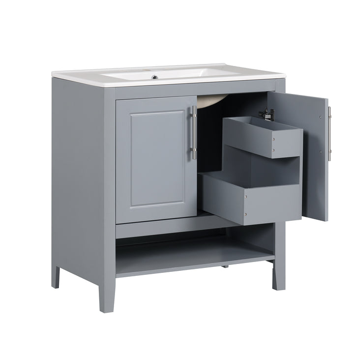 30" Bathroom Vanity with Sink, Multi-functional Bathroom Cabinet with Doors and Drawers, Solid Frame and MDF Board, Grey