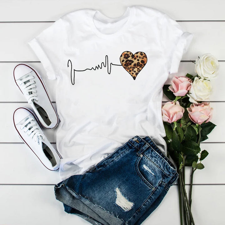 Summer New 90 's Leopard Heartbeat Short Sleeve Print Clothing Women's T-Shirt Harajuku Graphic Clothing Women's Top