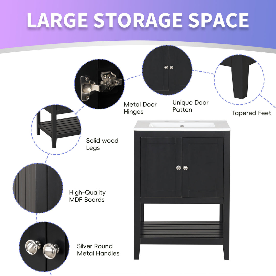 24 inch Modern Black Bathroom Cabinet With Ceramic Sink & Solid Wood Frame