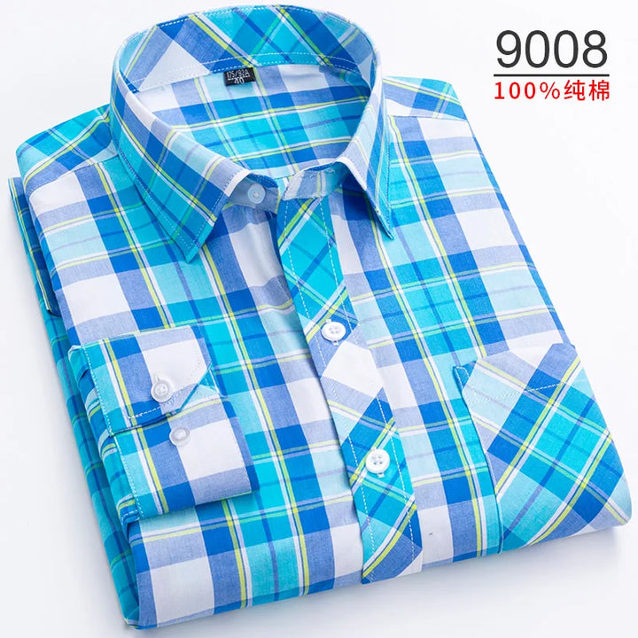 Plus Size S-8XL Men's Plaid Shirt Long Sleeve 100% Cotton Casual Slim Buttons Business Social Dress Shirts Blouse Men Clothing