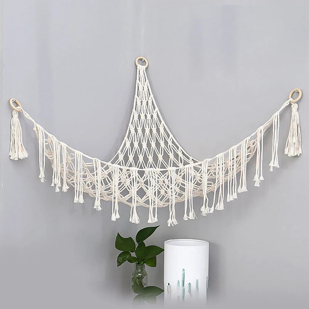 Boho Plush Toy Hammock Triangular Shape Hanging Mesh Storage Basket Cotton Tassels Wall Net for Bedroom Living Room