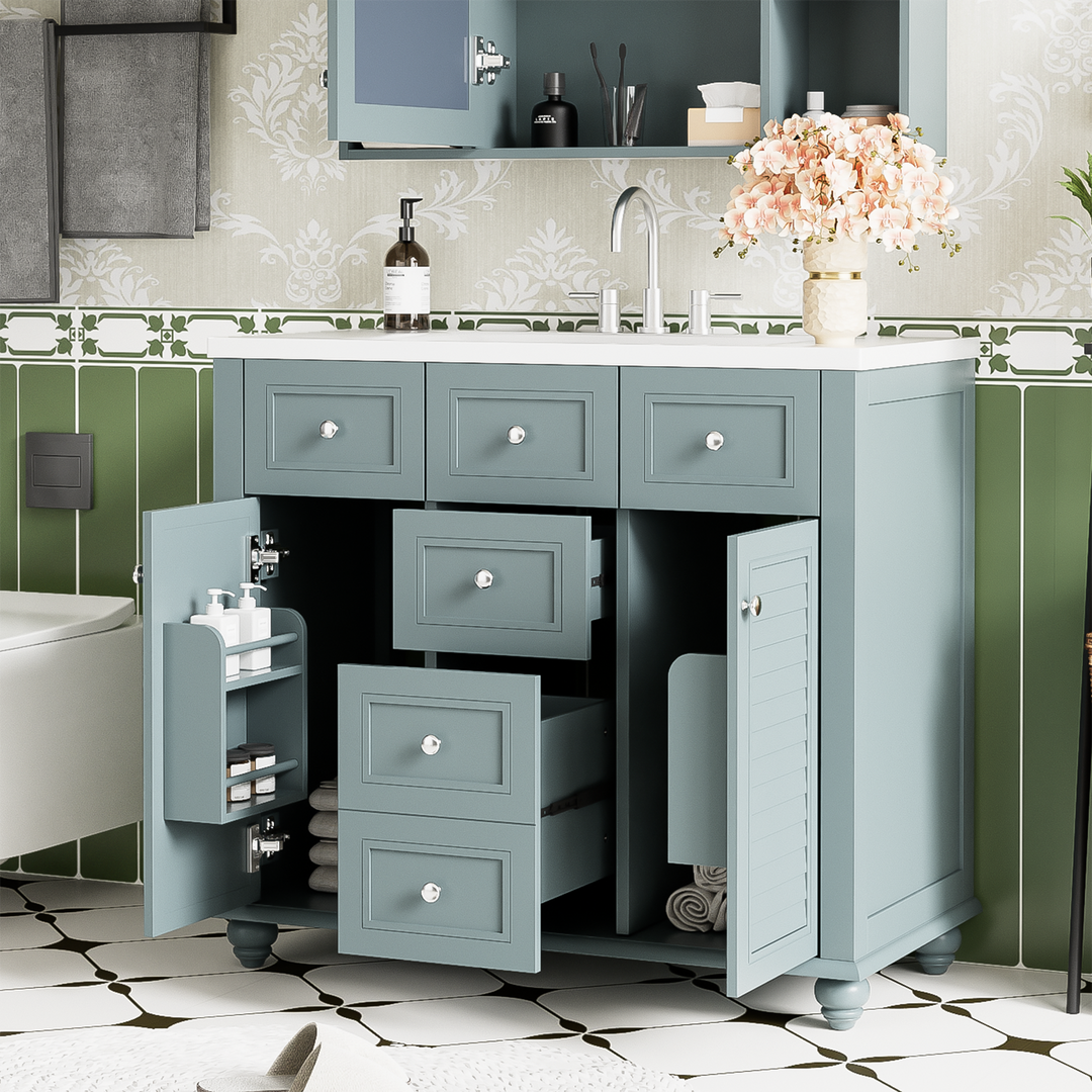 36 "bathroom makeup cabinet with resin sink combination and 2 drawers, with soft closing door, blue color