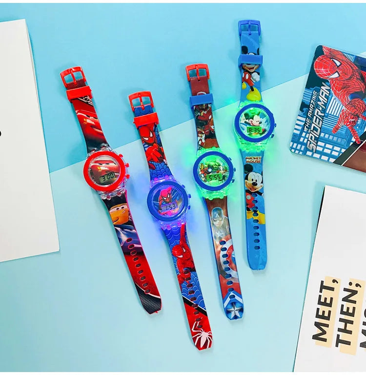 Flash Light Spiderman Kids Watches For Boys Cartoon Hello Kitty Mickey Children Watch Girls Student Clock Gifts free shipping