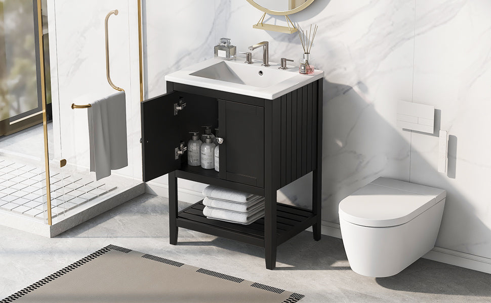 24 inch Modern Black Bathroom Cabinet With Ceramic Sink & Solid Wood Frame