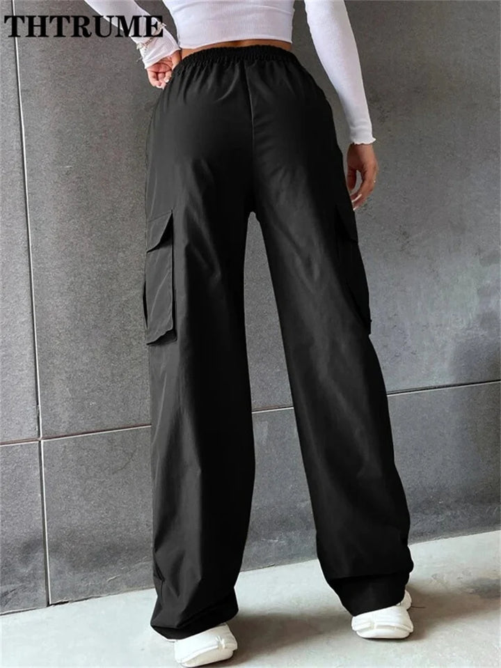 High Street Vintage Pants Fashion Solid High Elastic Waist Pocket Straight Cargo Pant Casual Office Lady Streetwear Y2K Trousers